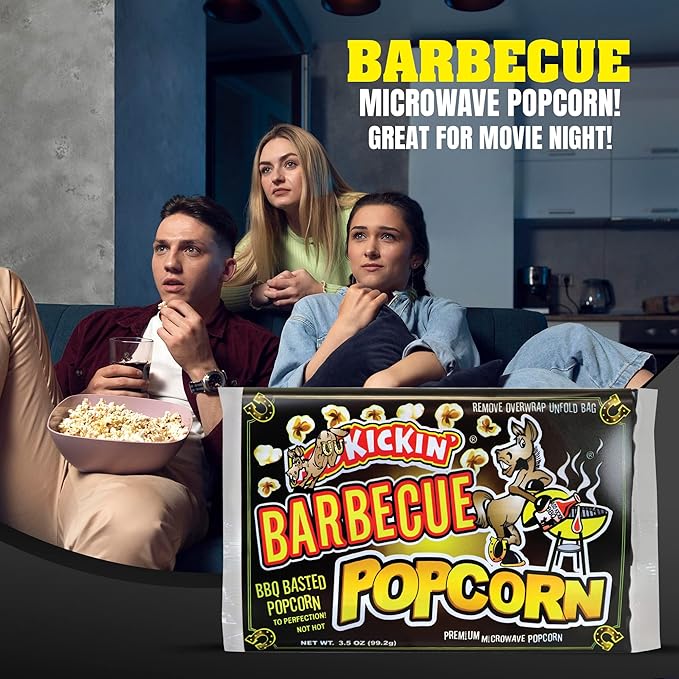 KICKIN' BBQ Microwave Popcorn Bags - 6 Pack - Ultimate Barbecue Gourmet Popcorn Gift - Makes a Great Movie Theater Popcorn or Snack Food for Movie Night