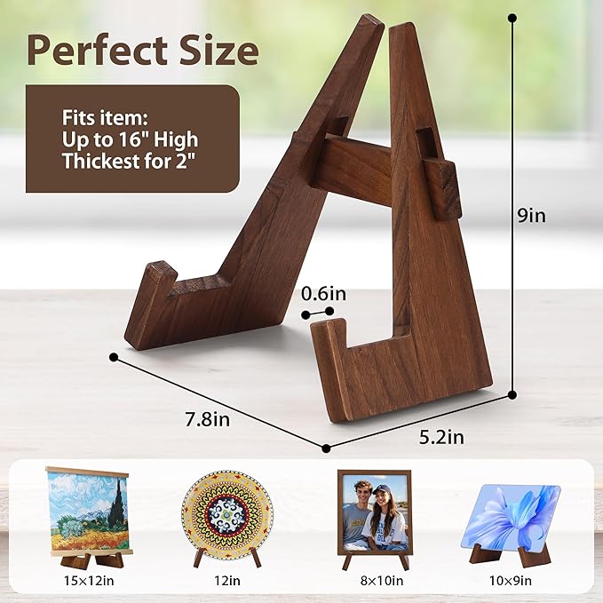 Walnut Wood Plate Stand, 9 Inch Decorative Ornament Display Stand, Plate Holders for Displaying, Picture Frame Holder Stand, Cookbook Stand for Recipe Books, Photos & Collectibles