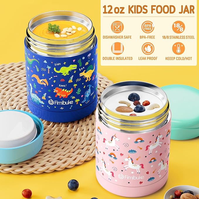 Fimibuke Kids Insulated Water Bottle - 14oz Water Bottle for School Boys Girls + Kids Bento Lunch Box with 4 Compartments, Insulated lunch Bag, Stainless Steel Thermos Food Jar, Ice Pack & Utensils