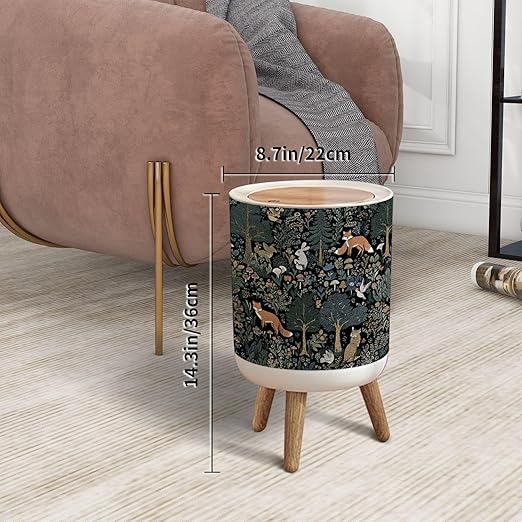 Trash Can with Lid Foxes Rabbits Forest Mushrooms Birds Press Top Round Small Garbage Bin with Wooden Legs Waste Basket for Kitchen Bedroom Nursery 7L/1.8 Gallon