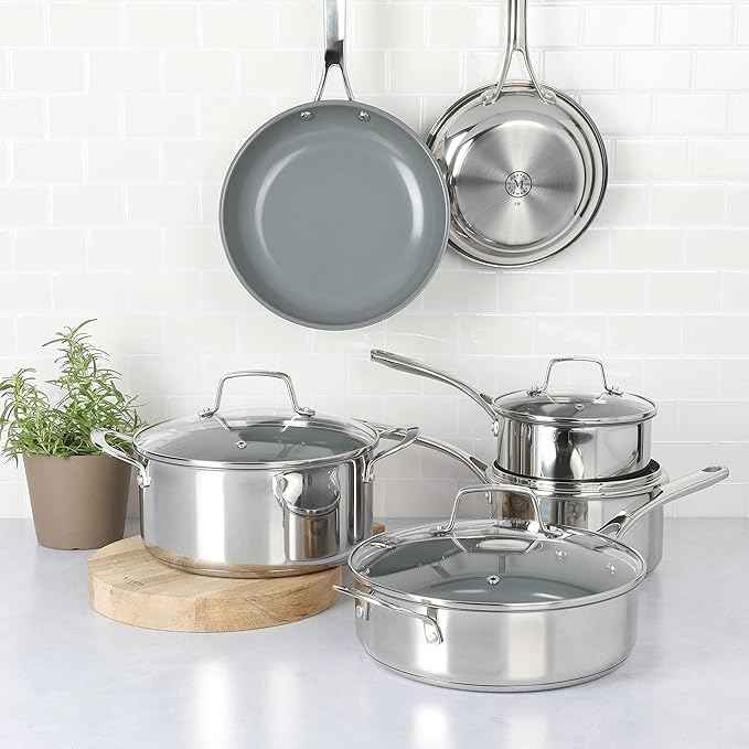 Martha Stewart Delaroux 10 Piece Stainless Steel Pots and Pans Kitchen Cookware Set w/PFAs Free Premium Nonstick Ceramic Interior