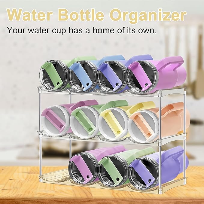 Stackable Water Bottle Organizer for Cabinet - Acrylic Tumbler Organizer Storage Rack for Stanley 40oz, Stanley Cup Holder, Pantry Kitchen Organizers and Storage for Stanley Cup, Holds 12 Bottles