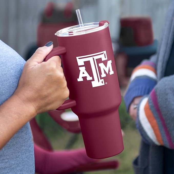 Logo Brands NCAA 40 oz Tumbler with Handle -Stainless Steel Insulated Travel Tumbler with Straw Lid – Powder Coated, Leak-Resistant, Keeps Drinks Hot/Cold – Great for Tailgating, or Everyday Use