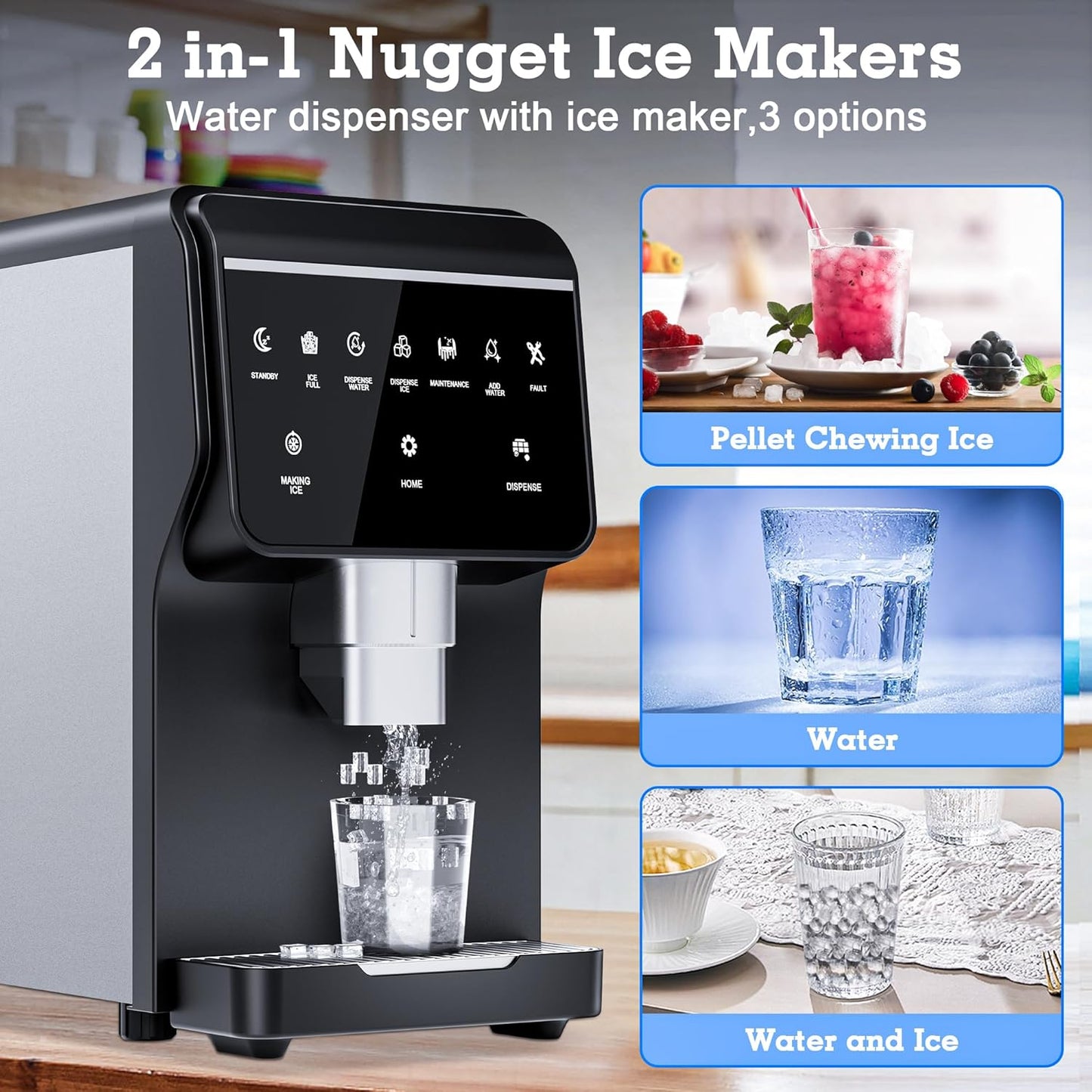 Nugget Ice Maker 66Lbs/24H Chewable Pellet Ice Machine, Built-in 6lbs Ice Storage, Self-Cleaning Function,Stainless Steels Ice Machine for Home,Office,Party,RV