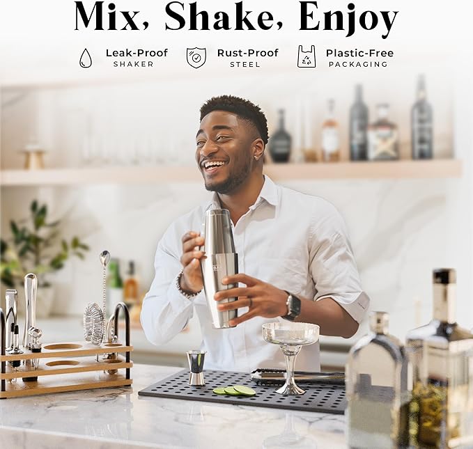 BARE BARREL® Mixology Bartender Kit Bar Set | 14-Piece Cocktail Shaker Set | Martini Barware Mixing Tools for Home Bartending | 35 Recipe Cards | Gift Set (28oz Boston Shaker, Silver/Natural)