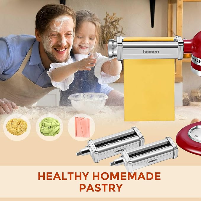 3 PCS Pasta Attachment for all KitchenAid Stand Mixer, Classic Pasta Maker Set Included Pasta Roller, Spaghetti Cutter and Fettuccine Cutter, Durable Pasta maker accessories
