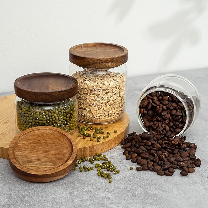 2PCS Small Glass Storage Jars with Airtight Lids, 11 fl oz (300ml) coffee container with Wooden Lid, Glass Pantry Canister for Beans, Rice, Sugar and etc