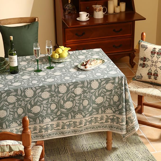 ISAENNE Designer Grayish Green Linen Rectangular Tablecloth,Floral Stain Resistant Table Cloth,Fall Vintage Decor Tablecloths for Dining Thanksgiving Kitchen Party,55"*79"-Andrew A