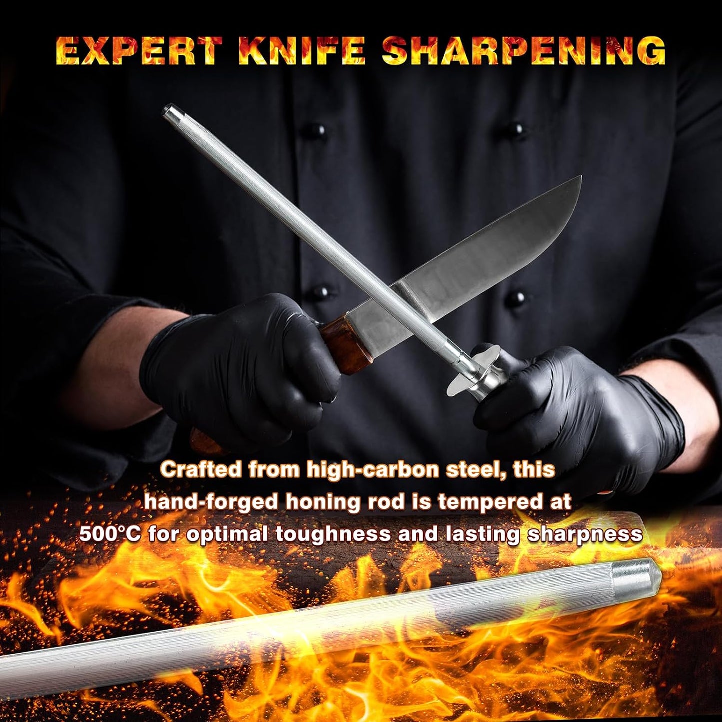 Knife Sharpener Rod, Kitchen Knives Sharpener Carbon Steel Professional Knife Sharpening Steel, Honing Rod with Hanging Holes (13 inches), T