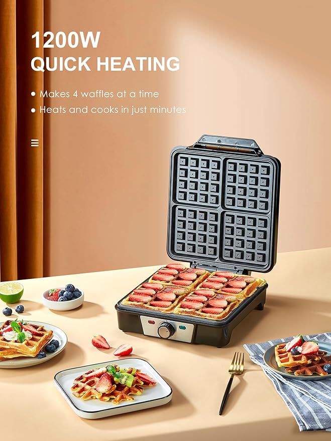 Belgian Waffle Maker 4 Slices, 1200W Waffle Iron, Anti-Overflow Waffle Iron with Browning Knob, Nonstick Plates, Indicator Lights, Silver/Black (White)