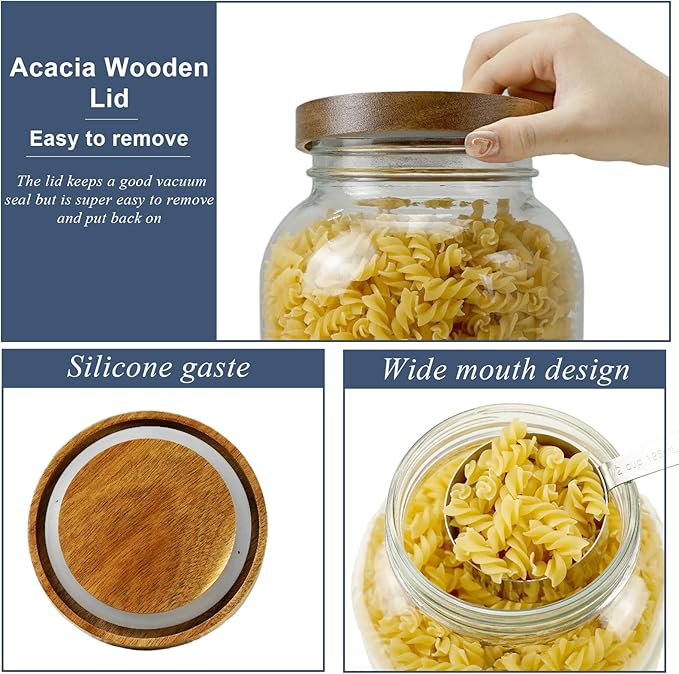 2 Pack Glass Flour Sugar Storage Containers with Handle, 1 Gallon Glass Jars with Airtight Lid, Wide Mouth Large Mason Jars 128oz for Rice, Pasta, Oats, Coffee Storage