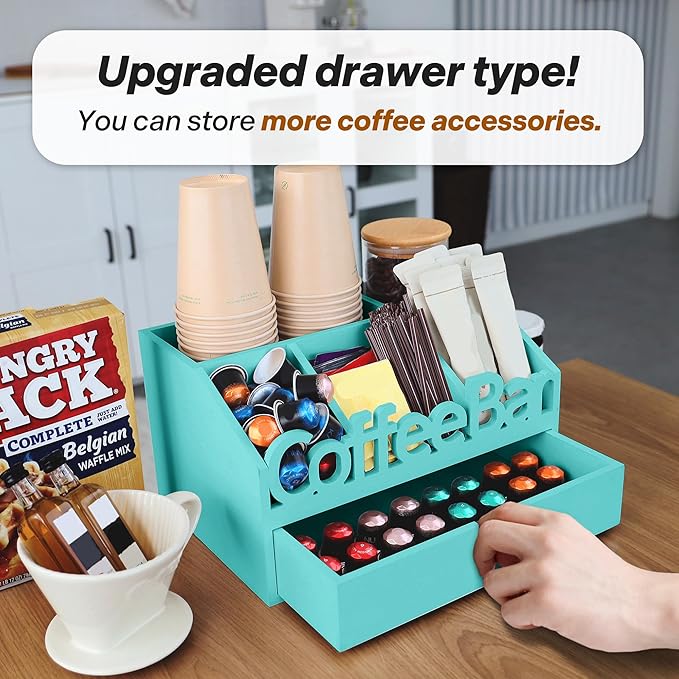 Coffee Bar Organizer for Countertop – Wooden Coffee Station, Tea and K Cup, Condiment Storage Rack, Coffee Pod Holder for Home and Office Counter Organization (Drawer - Turquoise)