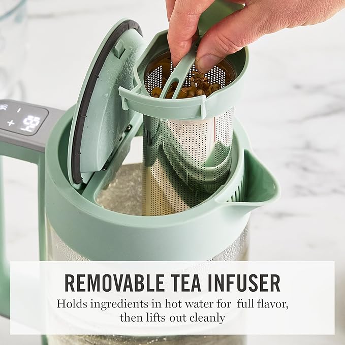 Martha Stewart Electric Kettle with Removable Stainless Steel Tea Infuser, Glass Carafe 1.7L (7 Cups), Hot Water Boiler, 4 Presets, Keep Warm & Auto Shut-Off, Cordless 360° Swivel Base, Honeydew Green