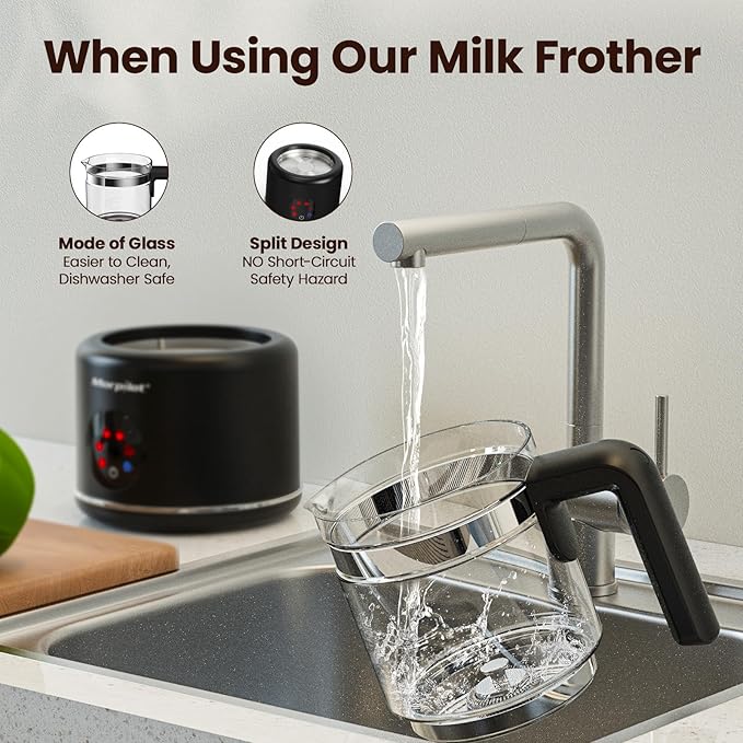 Large Electric Milk Frother and Steamer, 16.9oz/500ml Milk Steamer and Frother for Latte or Hot Chocolate, Dishwasher Safe, BPA Free, 6 Functions, Enjoy Perfect Milk Froth in 2 Min (Black-Glass)