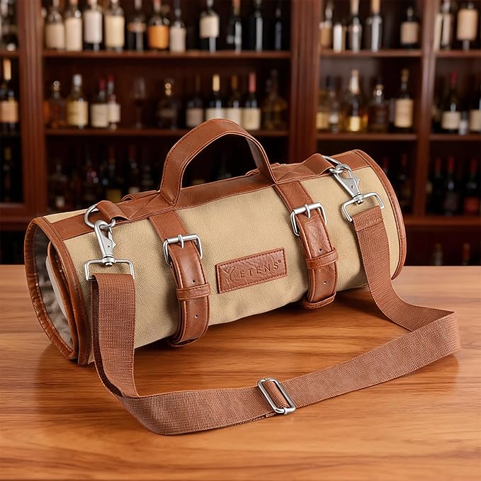 Etens Bartender Travel Kit with Waxed Bag | 22 Piece Bar Set in Roll | Portable Cocktail Tools for Home & Travelling Bartending – Professional Boston Shakers, Unbreakable Melon Squeezer, Accessories
