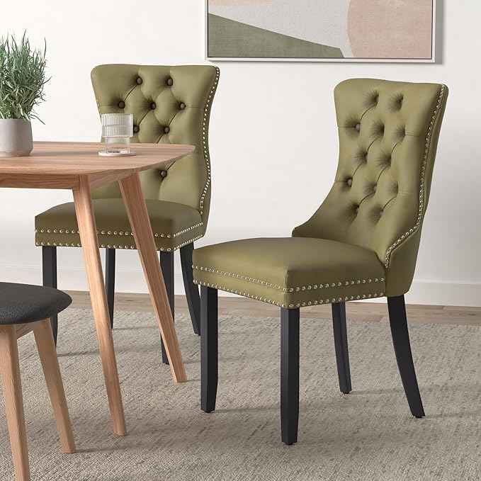Velvet Dining Chairs Set of 6, Upholstered Dining Room Chairs with Back Ring Pull Trim and Solid Wood Legs,Tufted Wingback Kitchen Chairs for Dining Room,Living Room,Kitchen(Olive Green)