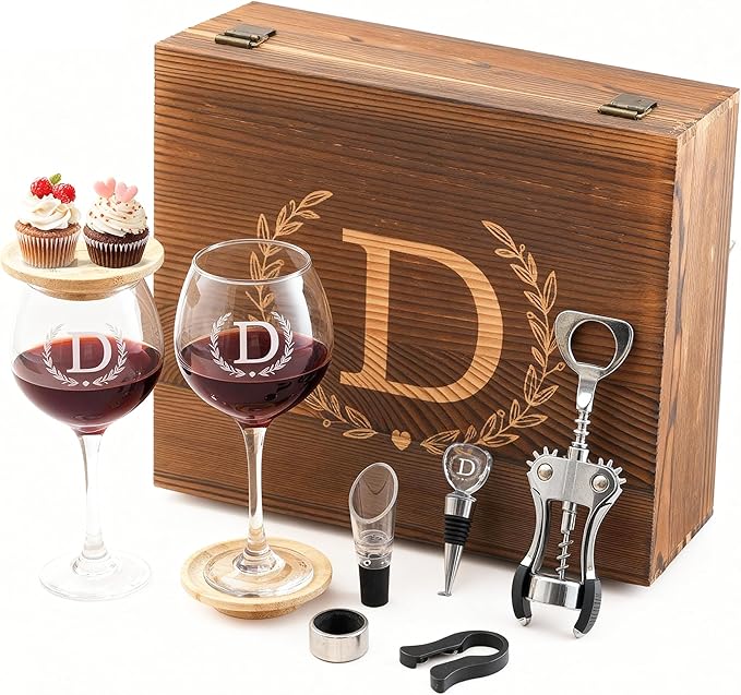 GZLDGIFTS Personalized Initial Wine Glasses Box Gift Set For Women Mom Engraved Birthday Monogrammed Wooden Christmas Gifts Wedding Anniversary Wine Couples Stopper Opener Initial Letterr (D Set)