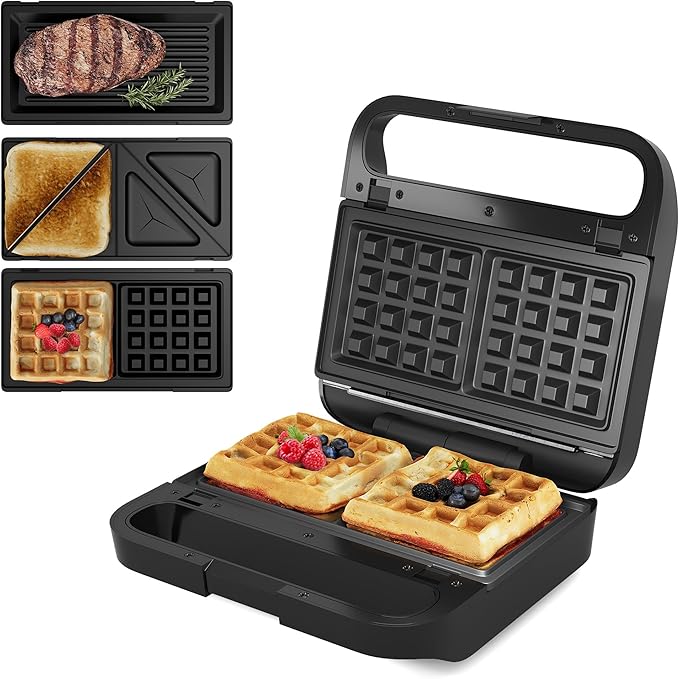 Sunvivi Pro Waffle Maker with Removable Non-stick Plates, Electric Sandwich Maker 3 in 1 Panini Press Grill, with Glass Top, Cool Touch Handle & Easy to Clean, 850W