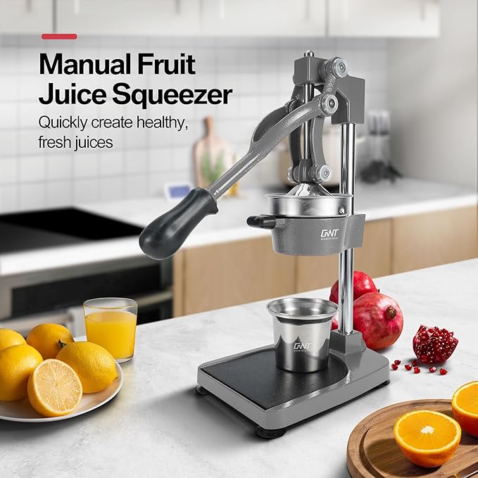 18 Inch Height Commercial Heavy Duty Cast Iron Hand Press Manual Orange Citrus Lemon Lime Grapefruit Pomegranate Fruit Juice Squeezer Machine with Stainless Steel Cup and Durable Base Grey