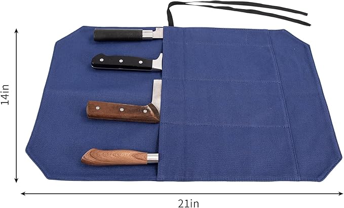 HERSENT A Chef's Knife Roll Bag - Portable Travel Chef Knife Case Carrier Holder Storage Bag With 4 Slots Best Gift For Pro Chef Or Culinary Enthusiasts Men Women HGJ03-P (Navy Blue)