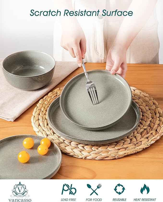 vancasso ANYA 18 Pieces Plates and Bowls Set, Stone Grey Dinnerware Sets, Reactive Glaze Dishes Set for 6, Ceramic Dishware Sets Kitchen Dinner Set, Microwave & Dishwasher Safe