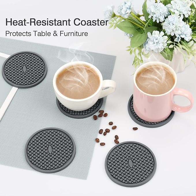 3 Pack Silicone Coasters for Drinks, Thickened Coaster with Deep Tray Grooved Design Cup Mat, Washable Heat Resistant Durable Non-Slip Coasters for Coffee Table Wooden Desk Kitchen Bar (Dark Grey)