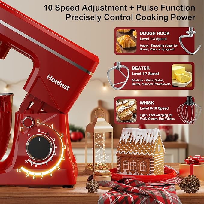 Stand Mixer, 10-Speed Kitchen Electric Mixer, 6QT Food Mixer with 8-in-1 Splash Guard, Dishwasher-Safe Dough Hook/Whisk/Beater/Spatula, Dough Mixers for Baking, Red