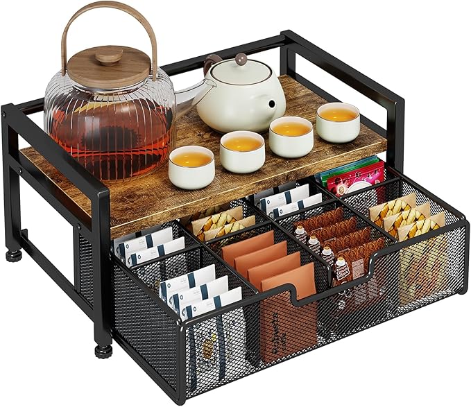 Tea Bag Organizer with 8-Compartment Mesh Drawer, Wood & Metal Holder Storage Chest for Countertop, Multi-Functional Coffee and Tea Station Box Caddy Display Rack for Kitchen Pantry, Rustic Brown