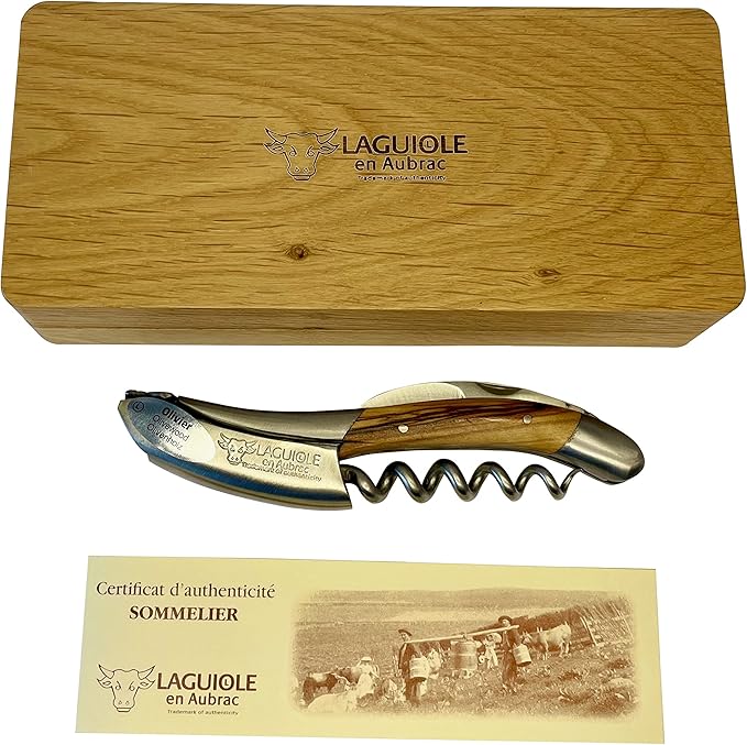 Laguiole En Aubrac Sommelier Waiter's Corkscrew, Olivewood Handle, Wine Opener With Foil Cutter & Bottle Opener, Brushed Bolster