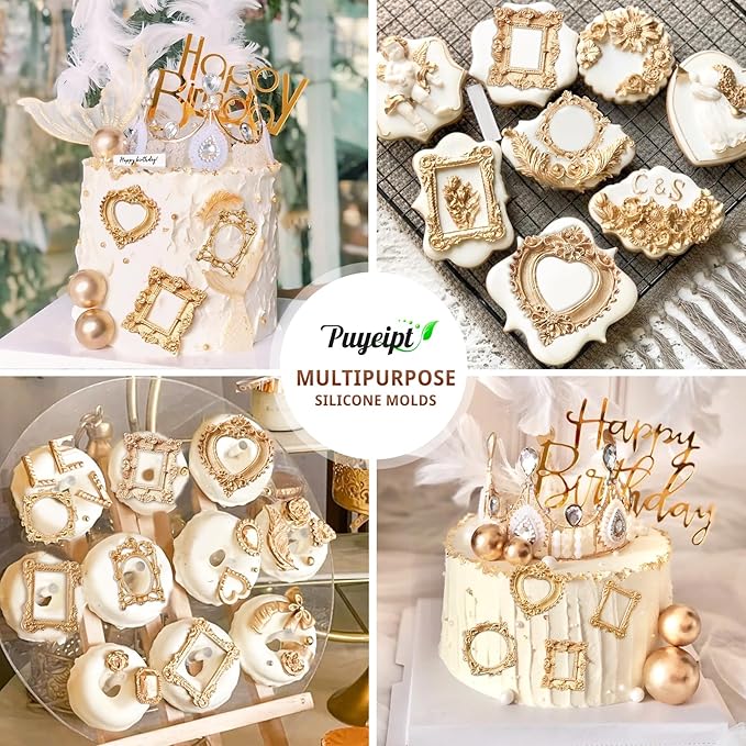 Puyeipt 4 Pcs Photo Frame Silicone Molds, Baroque Style Picture Photo Frames Fondant Molds for Cupcake Topper, Chocolate, Candy, Donut Cake Puck Decoration and Clay Craft Making