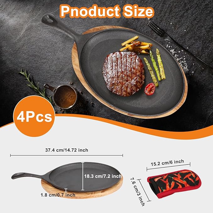 4 PCS Fajita Skillet,Sizzler Plates With Wooden Base And Handle Cover,Steak Plates,Cast Iron Skillet Set,Cast Iron Plates for Home Party Eating