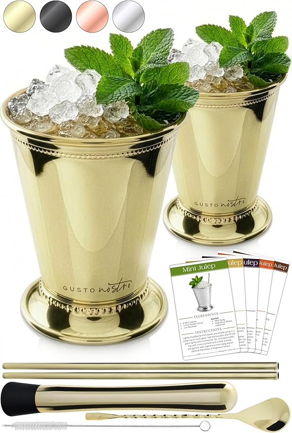 Gusto Nostro Mint Julep Cups Set of 2 - Stainless Steel Julep Cup Kit with Straws, Muddler, Spoon, Recipes, Vases - Southern-style Cocktail Glasses for Home Bar - Stainless Steel Cocktail Cups (Gold)