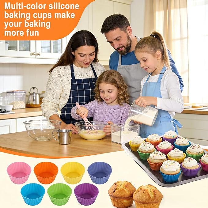 Reusable Non-Stick Silicone Baking Cups, Food Grade BPA Free Cupcake Muffin Liners, Oven & Dishwasher Safe Easy Release, Multicolor Rainbow, 24 Pack, for Muffins Cupcakes