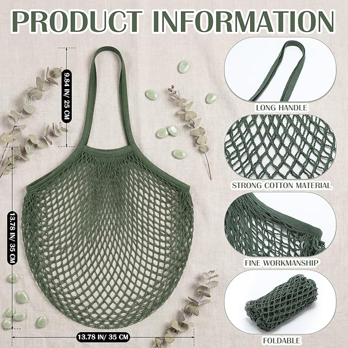 Woanger 24 Pcs Reusable Cotton Mesh Produce Shopping Bags Long Handle Washable Grocery Net Portable Fruit and Vegetable Cotton String Bags Green Net Tote Organizer