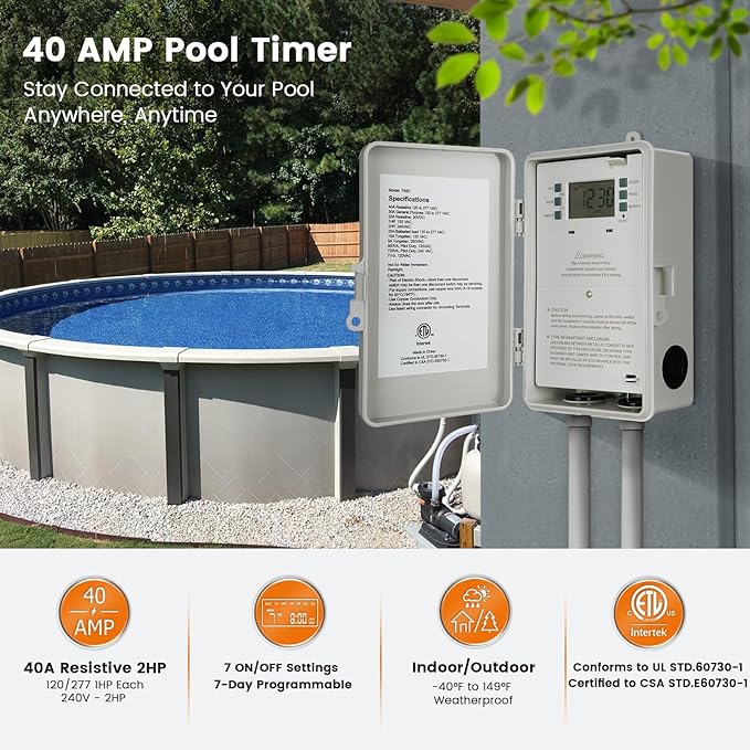 SURAIELEC Pool Timer, 7-Day Digital Pump Timer Switch, 40 AMP Heavy Duty, 120/240/277 VAC, 2HP Programmable Switch Box for Swimming Pool, Hot Water Heater, Lights, Outdoor/Indoor Use