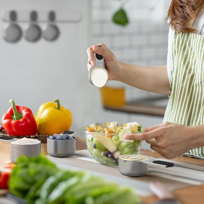Measuring Cups and Spoons Set,304 Stainless Steel 5 Magnetic Measuring Cups and 8 Sigle Sided Measuring Spoons with 1 Leveler,Kitchen Gadgets for Cooking & Baking
