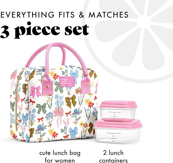 Fit & Fresh Bloomington Lunch Bag for Women - Insulated Large Lunch Box for Work with Containers, Leak-Resistant, Stain-Resistant, Zipper Closure, Color Bows & Flowers