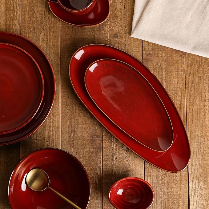 vicrays Large Oval Serving Platters, 16"/14"/10" Porcelain Serving Platters for Party, BBQ,Stackable Serving Trays Serving Plates for Appetizers, Sushi, Restaurant, Set of 3 (Cherry Red)