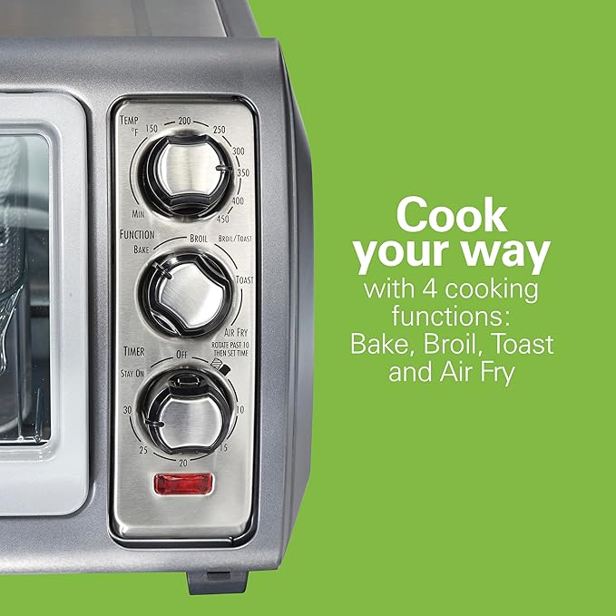 Hamilton Beach Air Fryer Toaster Oven Combo with Large Capacity, Fits 6 Slices or 12” Pizza, 4 Cooking Functions for Convection, Bake, Broil, Roll-Top Door, Easy Reach Sure-Crisp, Stainless Steel