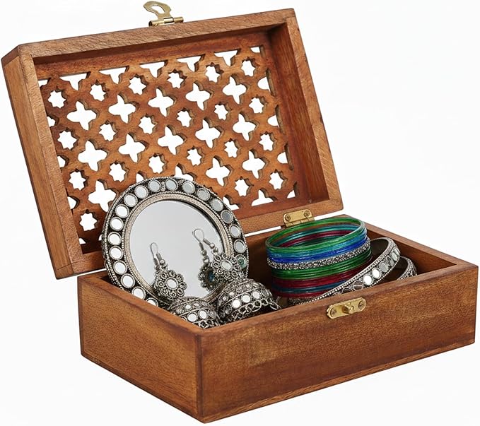 Mela Artisans Medium Polish Wooden Keepsake Box | Handmade Decorative Storage box for Jewelry, Photos & Letters| Elegant Memory & Trinket Box with Hinged Lid |Medium | Trellis Design | 7.5x4.5x3
