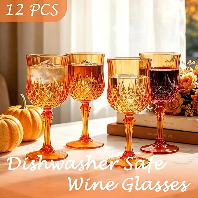 Plastic Wine Glasses, Plastic Goblets Vintage Style Cordial Unbreakable Drinking Glasses, Reusable Drinkware for Wedding Reception, Grand Event Party Supplies (12, Pumpkin orange)