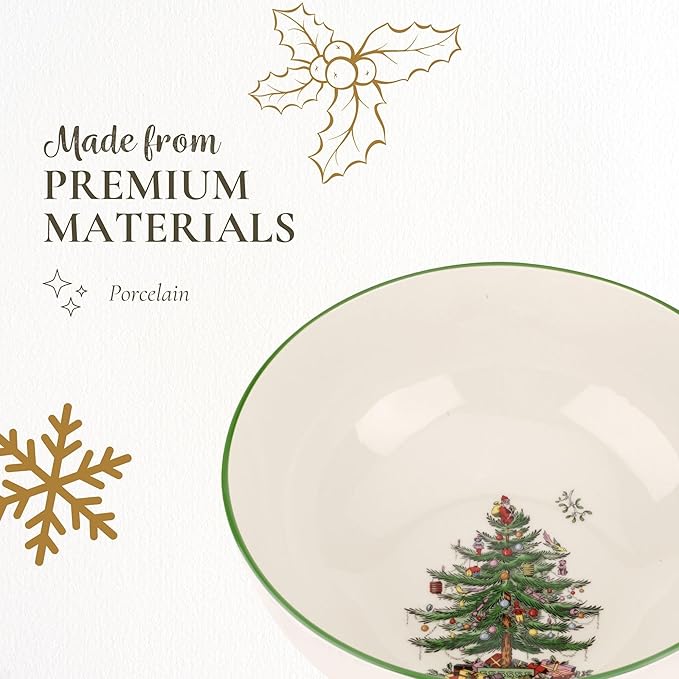 Spode Christmas Tree Large Round Bowl - 10-Inch Porcelain Serving Dish for Salad, Pasta & Side Dishes - Iconic Holiday Design with Green Trim, Dishwasher, Microwave Safe - Festive Gatherings