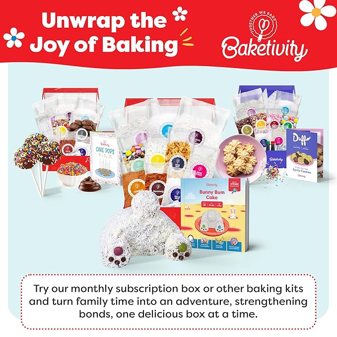 Baketivity Bunny Bum Cake - Kids Baking Kit with Premeasured Ingredients, Step-by-Step Instructions, STEM Lessons - Cake and Cupcake Decorating Kit for Kids - Cooking and Baking Kit - Best Easter Gift