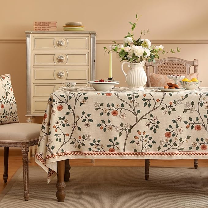 ISAENNE Designer Floral Long Rectangle Tablecloth,French Linen Light Beige Indoor Table Cloth,Fall Wrinkle Resistant Decor Tablecloths for Dining Thanksgiving Kitchen Party,63"*102"-Flora A