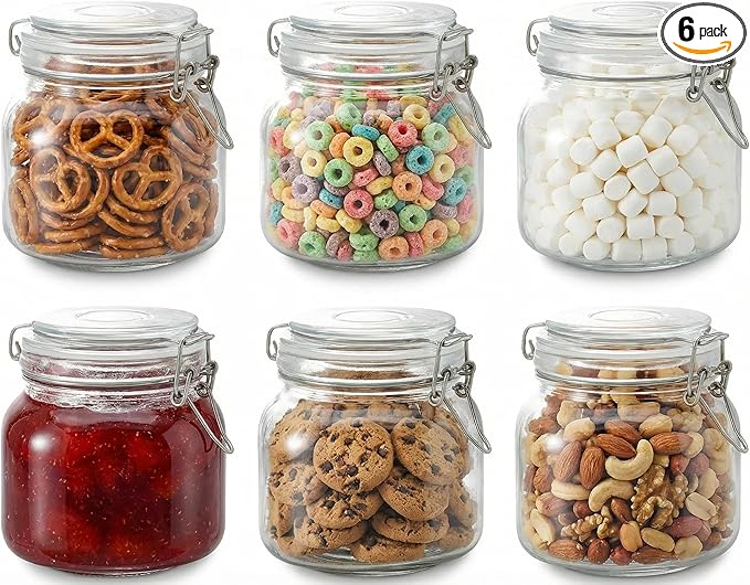 Glass Jars with Airtight Lids, 26oz Glass Storage Jars Set of 6, Thick Food Storage Containers for Pantry Organization, Kitchen Counter, Coffee, Pasta, Cereal