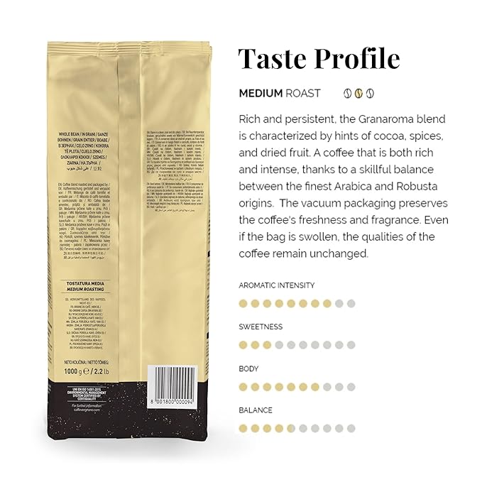 Caffe Vergnano Gran Aroma Whole Bean Coffee 2.2 lb Bag - Medium Roast Espresso Beans Whole, Cocoa Spice Dried Fruit Notes Italian Coffee - For Espresso Maker, Moka Pot, French Press, Coffee Maker