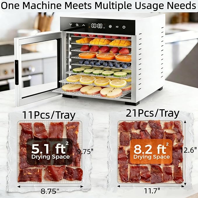 Simple Deluxe Food Dehydrator Machine, Fruit Dryer Machine with 8 Stainless Steel Trays, 24H Digital Timer 185°F Temperature Control, 500W Food Dryer for Jerky Meat Herb Fruit and Dog Treat, Silver