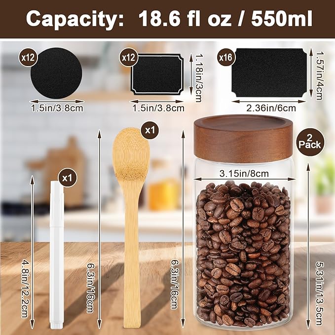 Glass Jar with Wood Lid, 2 Pack 19oz Glass Canister with Airtight Lids, Wide Mouth Screw Top Mason Jars for Sugar, Coffee, Tea, Oatmeal, Cereal, Bean, Candy - 3.1 x 5.9 inch Seasoning Bottle