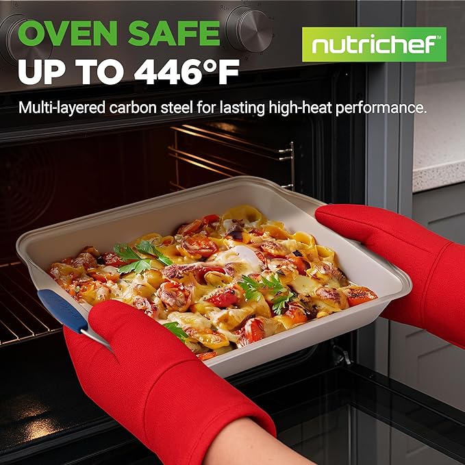 NutriChef 8-Piece Nonstick Bakeware Set - Heavy Duty Carbon Steel Baking Pans w/ Blue Silicone Handles - Pizza Crisper, Muffin & Loaf Pan, Round & Square Pans, Cookie Sheet - Champagne Gold