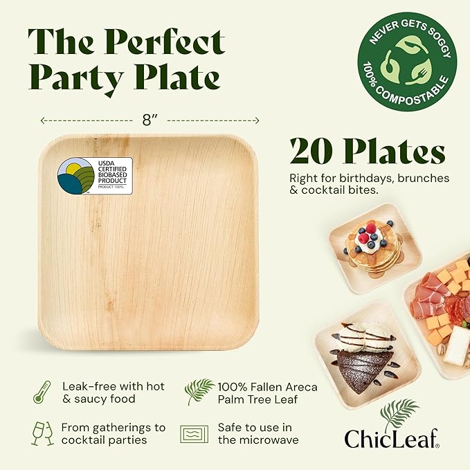 Chic Leaf Palm Leaf Disposable Bamboo Plates - Square Party Plates for Weddings, Parties, Event Appetizers - Biodegradable & Compostable - Party Supplies (8", 20 Pack)